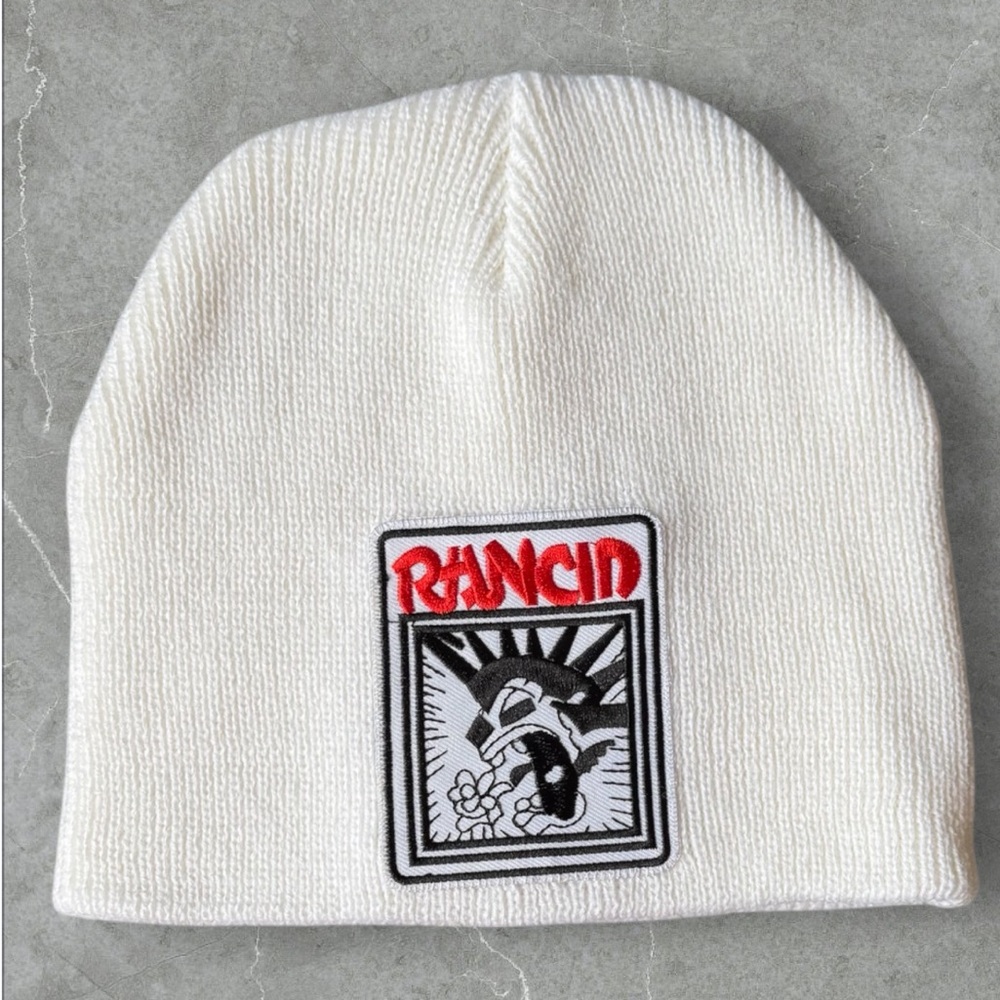 Rancid Embroidered Patch White Knit Beanie